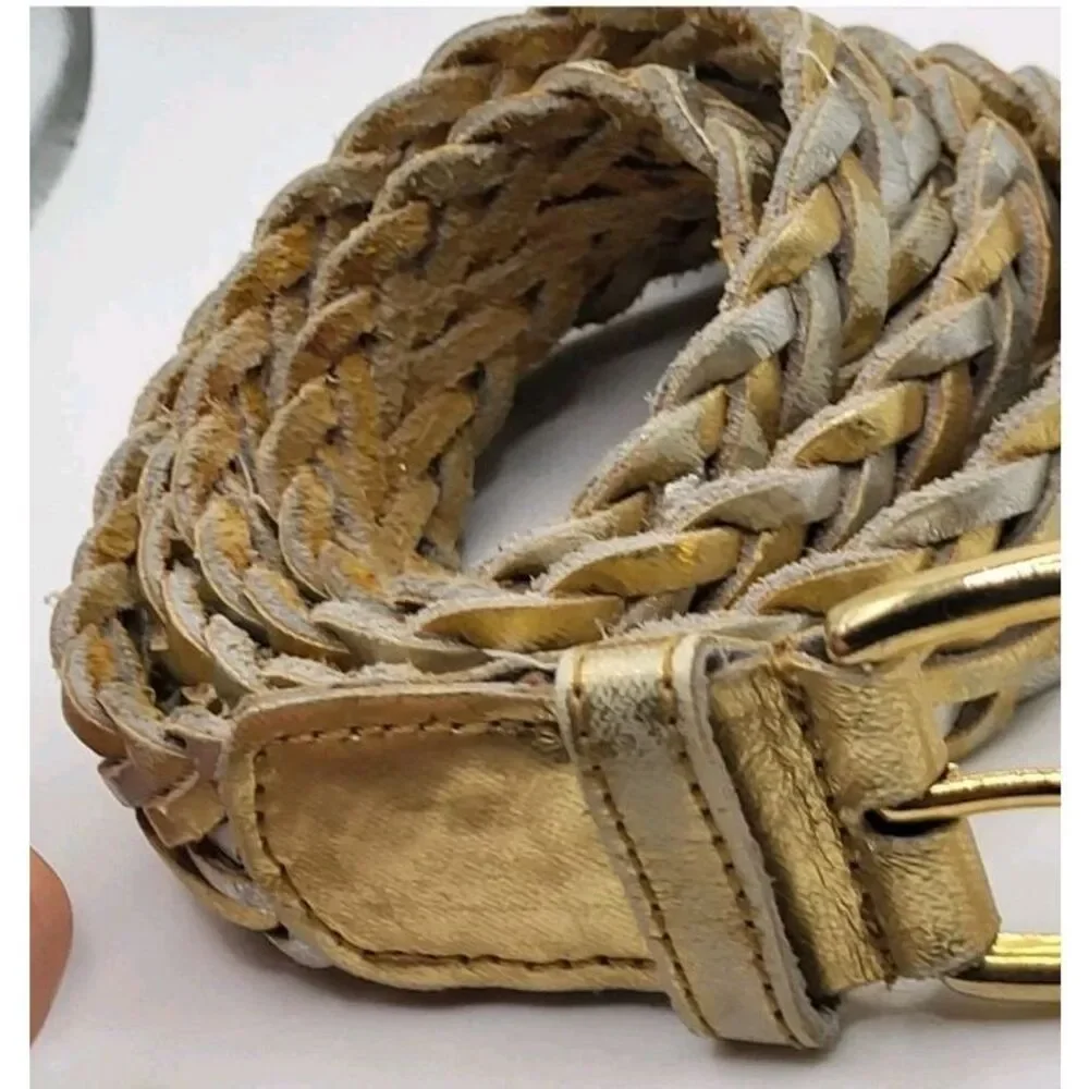 Metallic Gold Silver Braided Leather Belt 38in